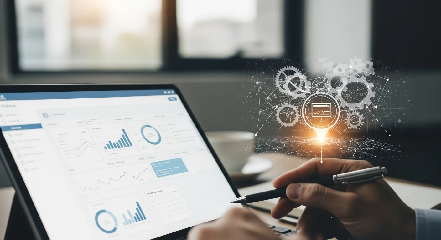 Persona analizando datos de rendimiento web en un portátil, con engranajes digitales superpuestos, simbolizando el mantenimiento mensual WordPress.