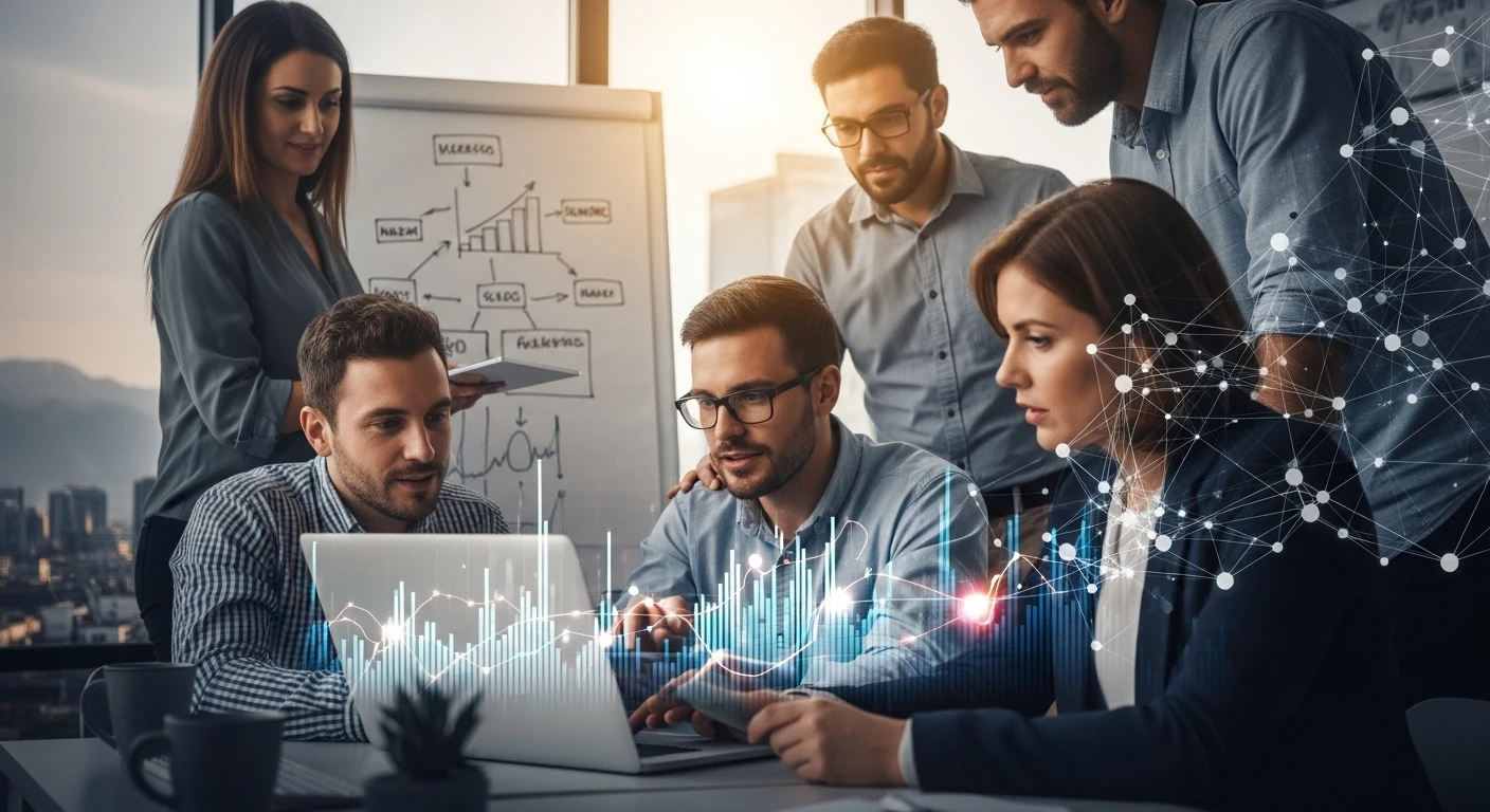 Equipo profesional colaborando, analizando datos en laptops con gráficos digitales, ideal para una agencia SEO en Chile.