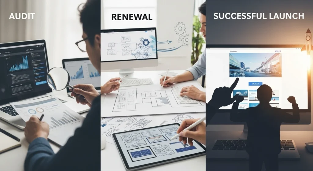 Proceso para renovar pagina web: auditoría, diseño colaborativo y lanzamiento exitoso con profesionales.