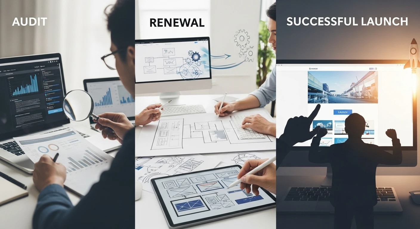 Proceso para renovar pagina web: auditoría, diseño colaborativo y lanzamiento exitoso con profesionales.