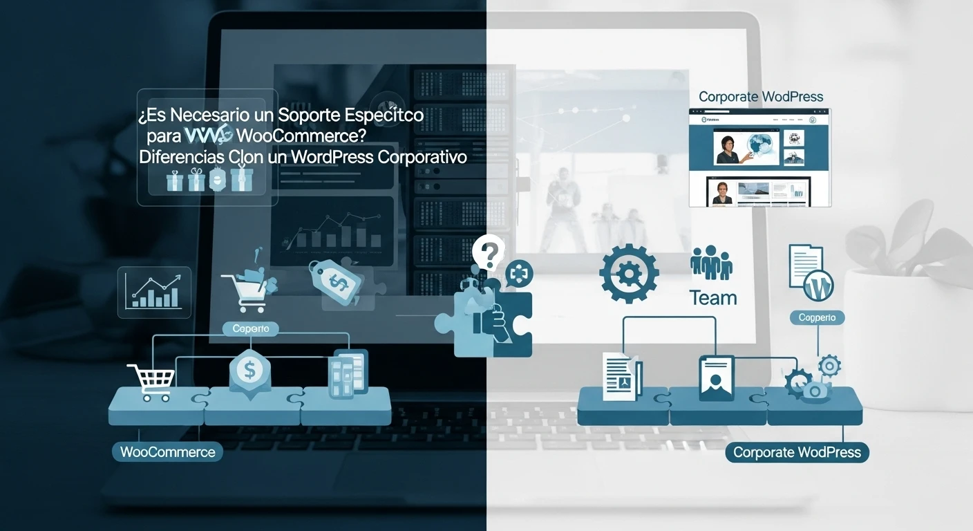 Infografía en portátil comparando WooCommerce y WordPress Corporativo. Ilustra procesos y la mantención woocommerce como clave.