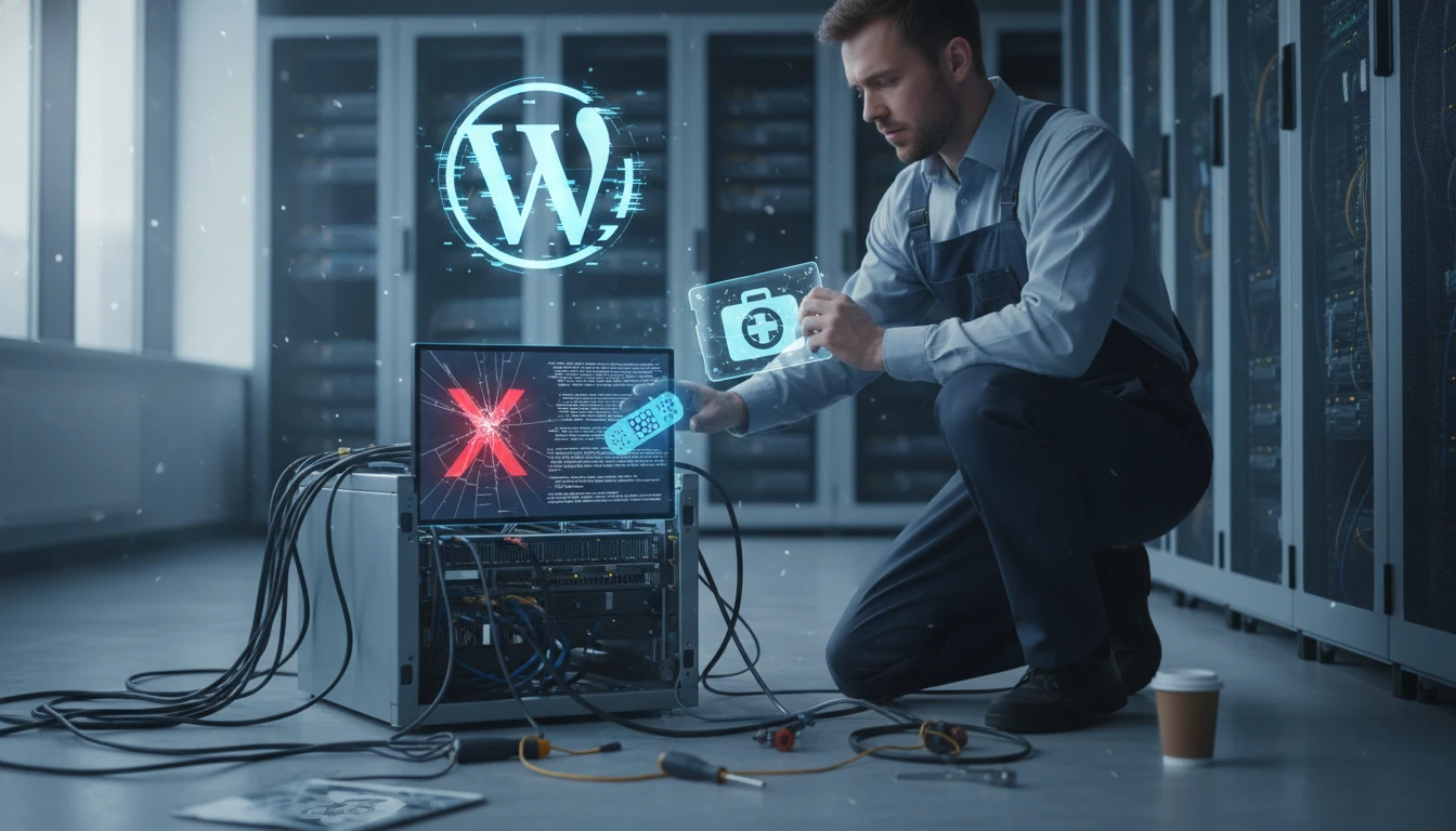 Técnico resolviendo urgencias WordPress en un servidor roto, con una X roja y herramientas de diagnóstico digital.