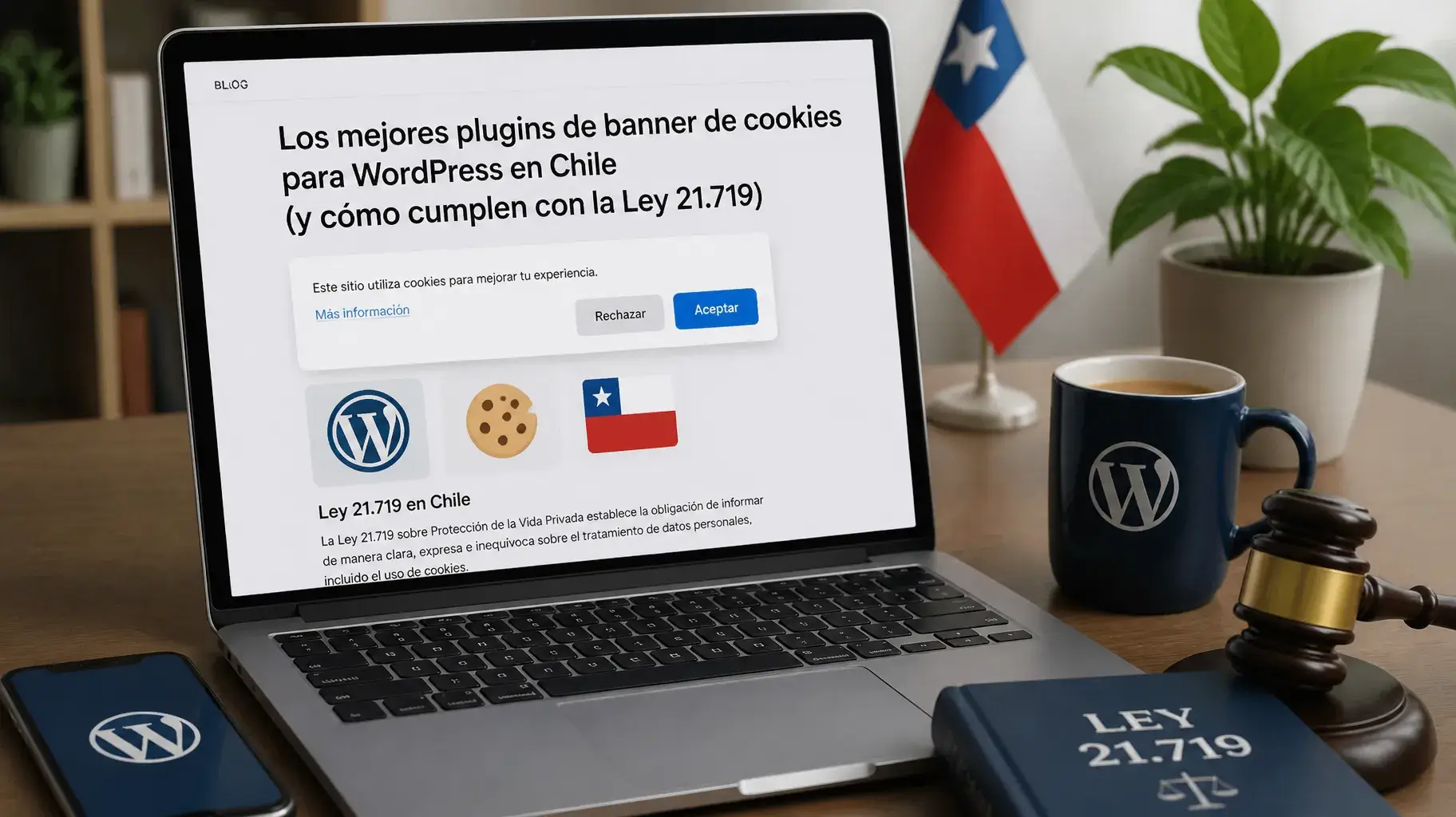 Banner de cookies en un sitio WordPress cumpliendo la Ley 21.719 en Chile