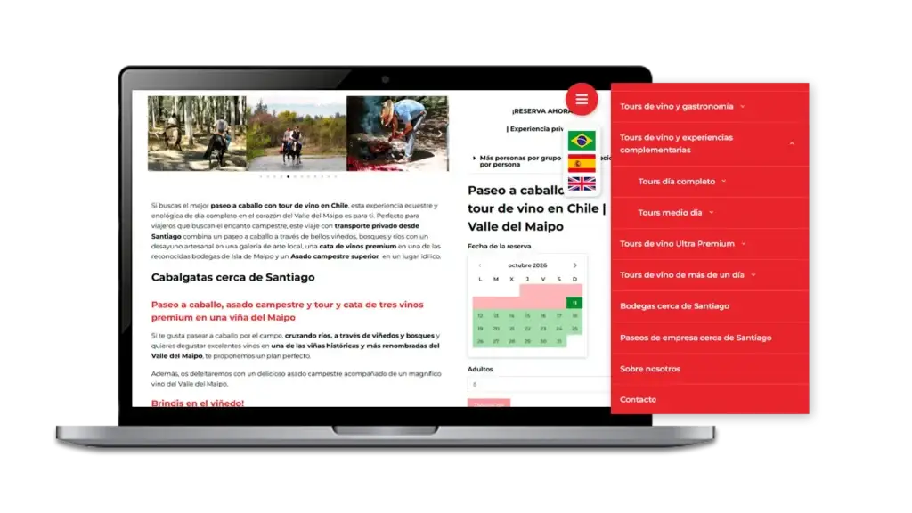 Plataforma web responsive y motor interno de reservas de tours de vino - Maipo Valley